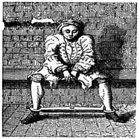 Лондон: затвор на длъжника. Ndebtor, носещ ножици в затвора Маршалси, Лондон. Линейна гравиране, 18 век. Печат на плакат от