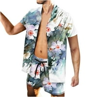 Мъже градиент цветна печат блуза и панталони комплект копче за ревера Кардиган Превръщане Кратък ръкав плажна риза комплект