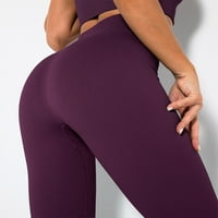 Безпроблемни плетени плътни цветове на жените дишащи девет точки панталони високо еластични спортни тиражи йога панталони лилаво l