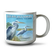 FL Oz Oz Ceramic Mug, Beachtown, Ikyll Island, Georgia, Blue Herons, Съдомиялна и микровълнова сейф